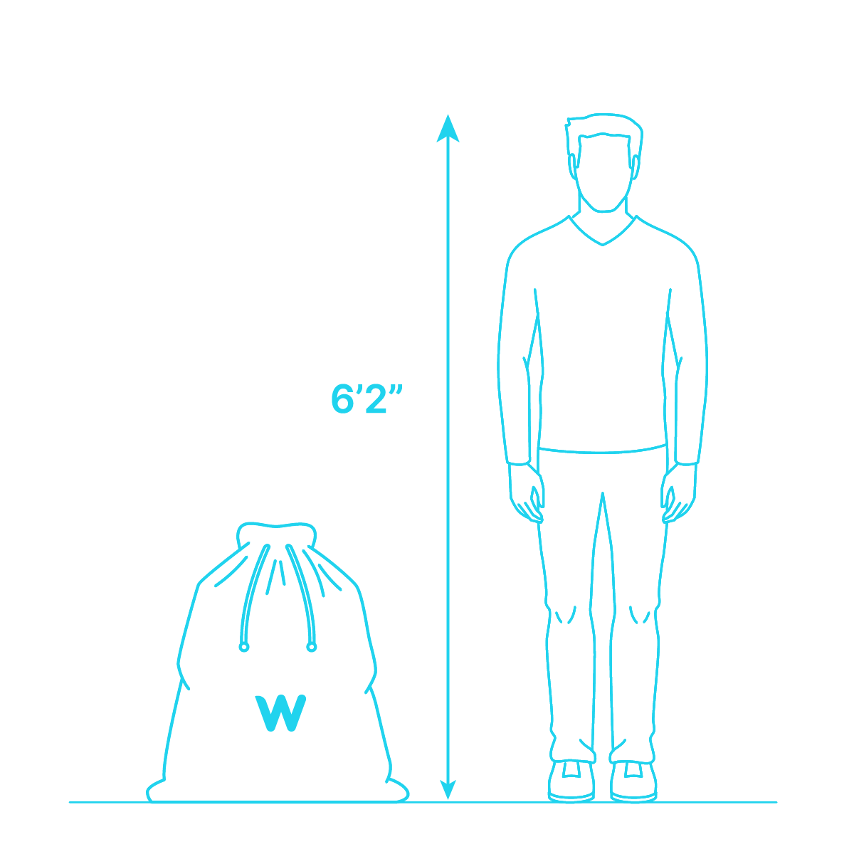 Washmix bag size comparison with 6 foot 2 person