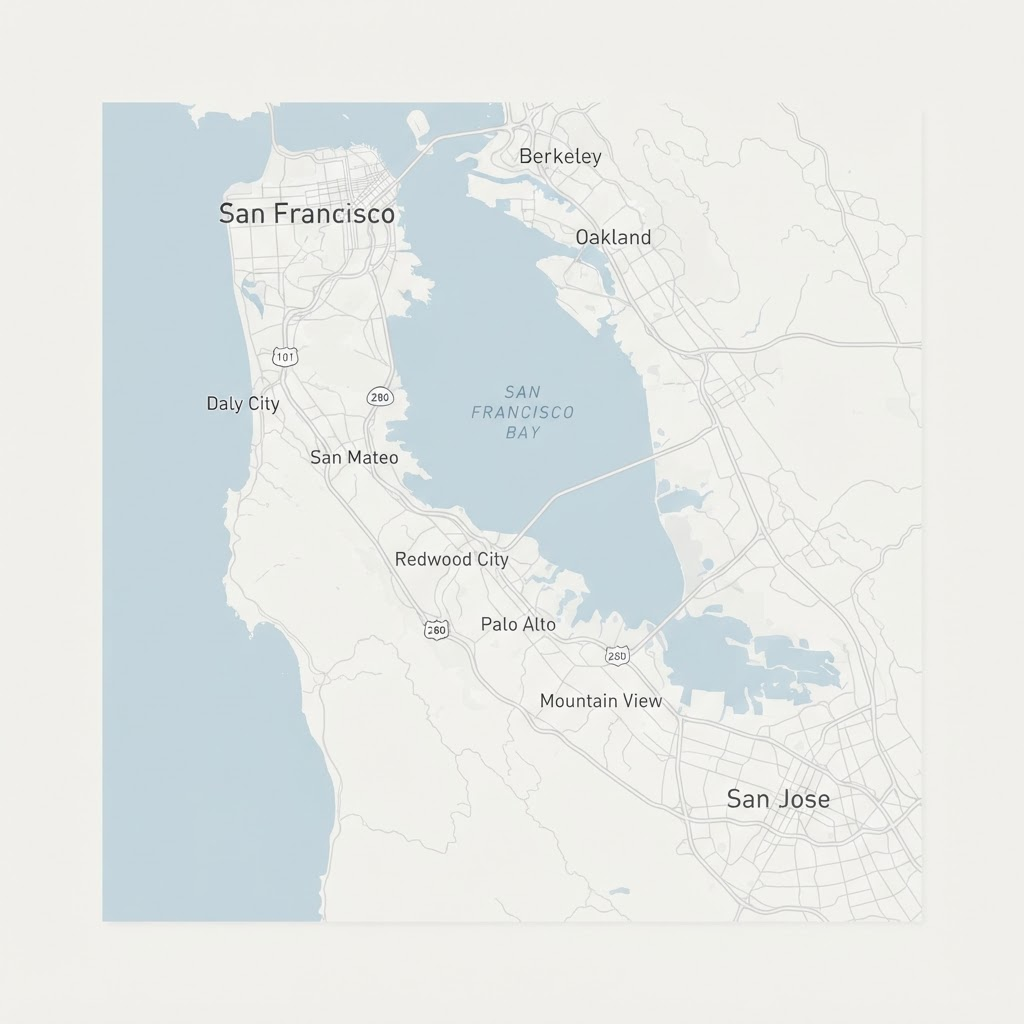 Map of the San Francisco Bay Area with the Washmix coverage zone highlighted from San Francisco down through the Peninsula to San Jose