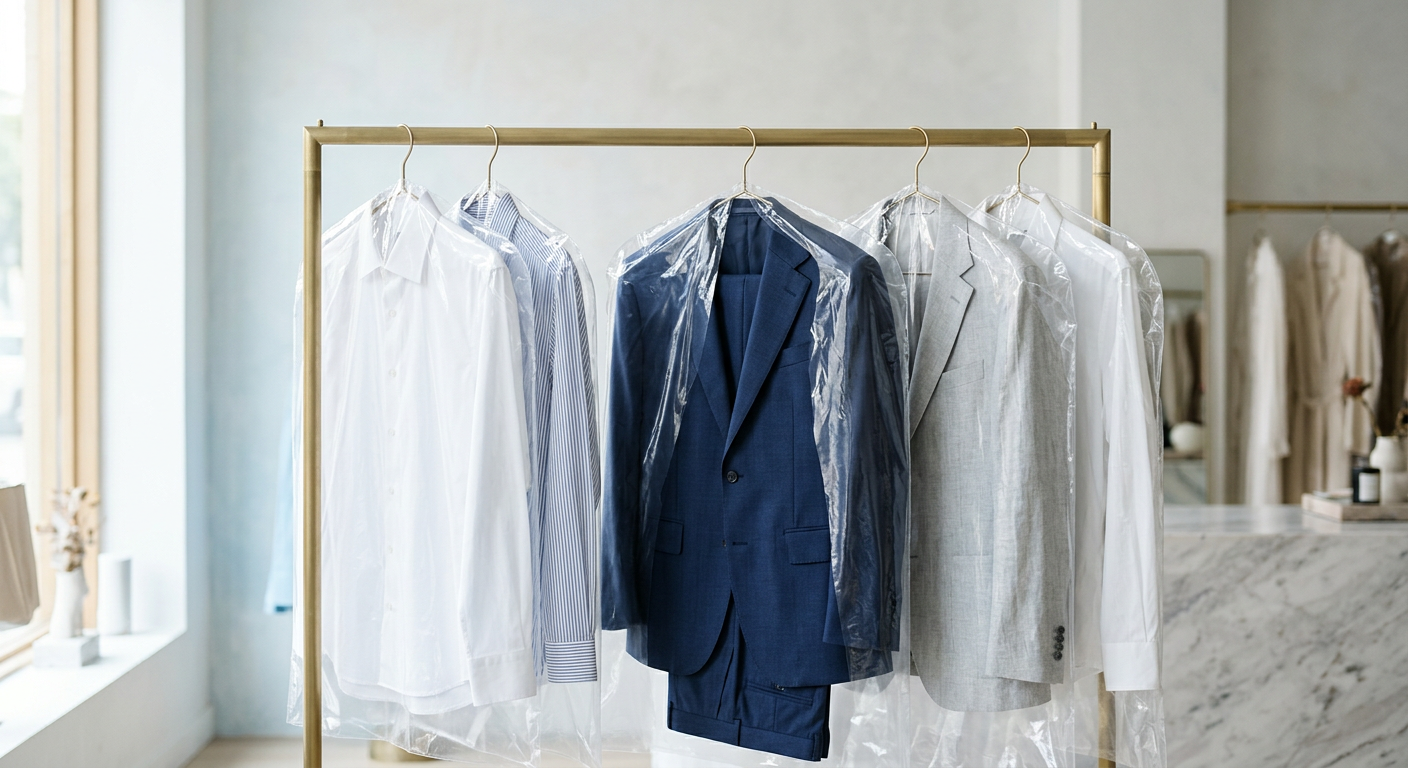 Freshly dry-cleaned garments pressed and hung in protective bags